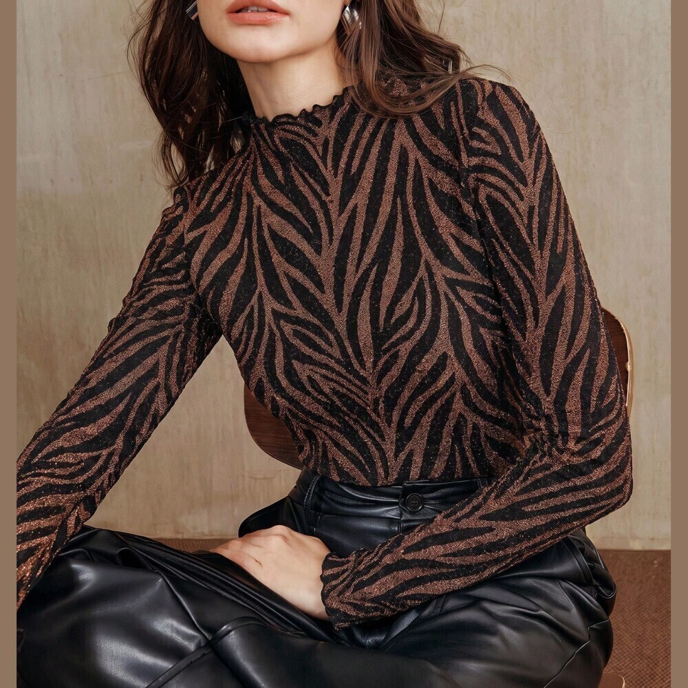 Bronze / Black Metallic Zebra Print High Neck Slim Fit Long Sleeve Knit Top
